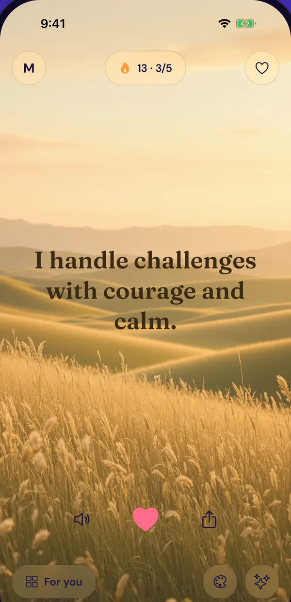 The Believly home feed: an affirmation over a golden field, with listen, save and share